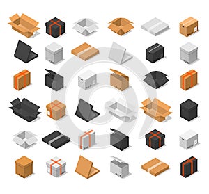 Cardboard Boxes Color Set Isometric View. Vector
