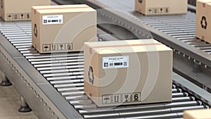 Cardboard boxes on a conveyor belt. Distribution warehouse, E-commerce, storage, delivery, logistics and packaging service concept