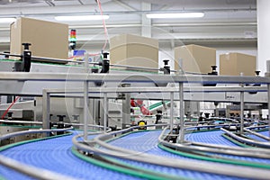 Cardboard boxes on conveyor belt in factory