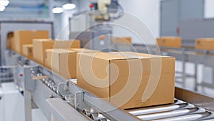 Cardboard boxes on a conveyor belt in a modern packaging facility