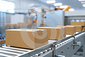 Cardboard boxes on a conveyor belt in a modern packaging facility