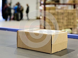 Cardboard boxes on conveyor belt.parcels transportation system concept photo