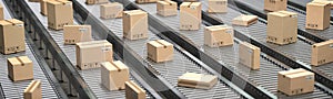 Cardboard boxes on the conveyor belt. Production, storage and delivery concept background