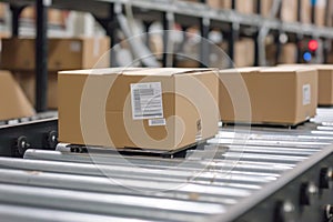 Cardboard boxes on conveyor belt in warehouse