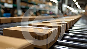Cardboard boxes on a conveyor belt in a warehouse illustrate streamlined logistics and shipping processes