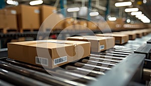 Cardboard boxes on a conveyor belt in a warehouse illustrate streamlined logistics and shipping processes