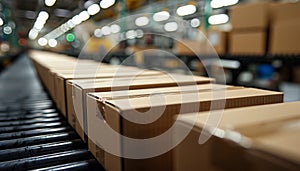 Cardboard boxes on a conveyor belt in a warehouse illustrate streamlined logistics and shipping processes