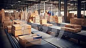 Cardboard boxes on conveyor rollers ready to be shipped by courier for distribution