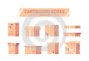 Cardboard boxes. Delivery packages shipping container symbols garish vector illustrations collection