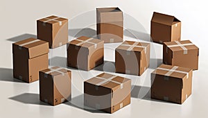 Cardboard boxes of different sizes standing on white background