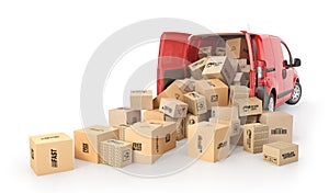 Cardboard boxes drop out from the transport isolated on a white background. 3d illustration