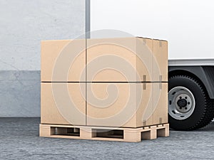 Cardboard boxes on euro pallet, Truck in warehouse