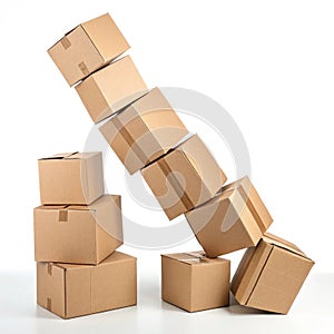 Cardboard boxes falling and stacked isolated on white background photo