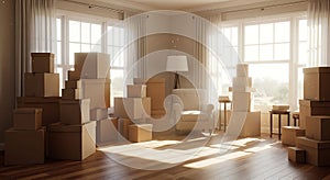 Cardboard boxes fill a sunny room ready for moving day