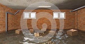 Cardboard boxes float in the water after water damage in the basement due to flooding or flooding
