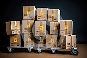 Cardboard boxes on a hand truck in front of warehouse. 3d render, Cardboard box packages on trolley, AI Generated