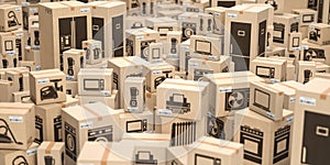 Cardboard boxes with household kitchen appliances and home technics. E-commerce, internet online shopping and delivery concept