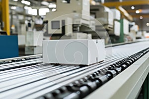 Cardboard boxes on industrial conveyor belt system