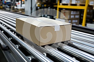 Cardboard boxes on industrial conveyor belt system