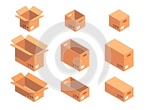 Cardboard boxes. Isometric carton boxes, shipping and delivery packages. Open and close cardboard box flat 3d vector illustration