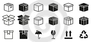 Cardboard Boxes Line and Silhouette Icon Set. Package with Symbol of Recycle, Glass, Fragile Pictogram. Open and Closed