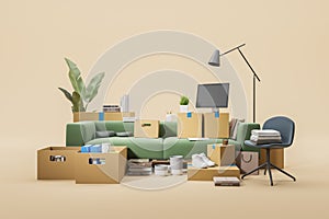 Cardboard boxes in living room with pc computer and armchair, moving house