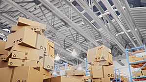 Cardboard boxes in middle of the warehouse, logistic center. Huge modern warehouse. Warehouse filled with cardboard