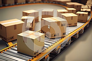 Cardboard boxes are moving on the conveyor belt, shipping and logistic background