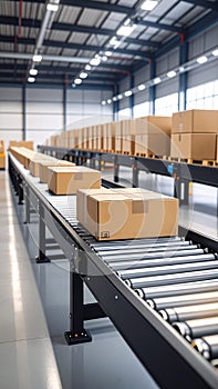 Cardboard boxes moving on a conveyor belt system inside a modern warehouse