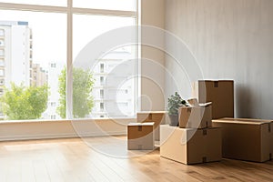 Cardboard boxes in new apartment. Packed household stuff for moving into new house