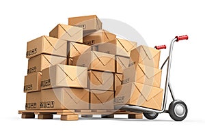 Cardboard boxes on pallet. Cargo, delivery and transportation