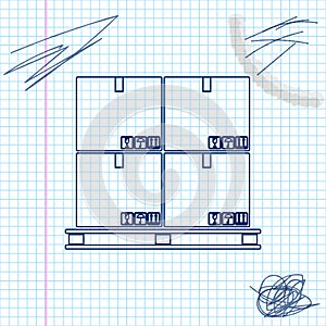 Cardboard boxes on pallet line sketch icon isolated on white background. Closed carton delivery packaging box with