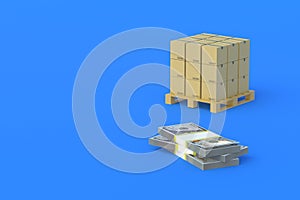 Cardboard boxes on pallet near stack of money