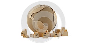 Cardboard boxes or parcels surrounding globe over white background, international transportation, freight or cargo shipping