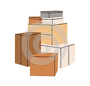 Cardboard boxes pile. Parcels, packages group, stack. Heap of carton packs. Many, lot of containers of different size