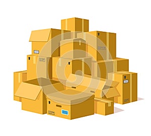 Cardboard boxes pile. Storage delivery cardboard boxes stack, pile of postal parcel package, carton sealed boxes vector