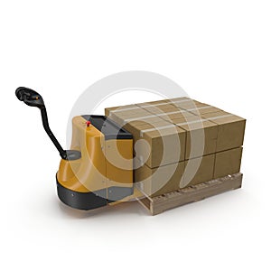 Cardboard Boxes on Powered Pallet Truck Isolated. 3D Illustration