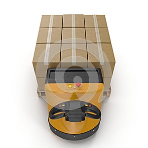 Cardboard Boxes on Powered Pallet Truck Isolated. 3D Illustration