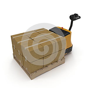 Cardboard Boxes on Powered Pallet Truck Isolated. 3D Illustration