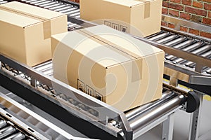 Cardboard boxes on a production conveyor