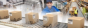 Composite image of cardboard boxes on production line photo