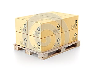 Cardboard boxes with production packaged on wooden pallet