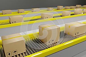 Cardboard boxes progresses along on conveyor belt. 3d illustration