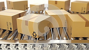 Cardboard boxes progresses along conveyor belt loopable animation. Cardboard boxes on conveyor belt