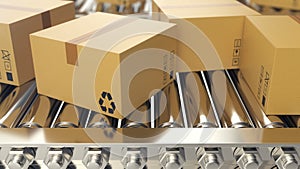 Cardboard boxes progresses along conveyor belt loopable animation. Cardboard boxes on conveyor belt