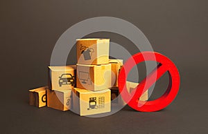 Cardboard boxes and red prohibition symbol NO. Import restriction, ban export goods. Lack of goods, deficit shortage, Out of stock