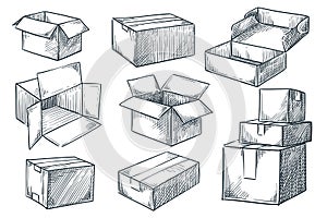 Cardboard boxes set. Closed and open empty postal packages collection. Vector hand drawn sketch illustration