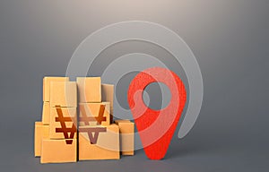 Cardboard boxes with south korean won and red pin location tracking symbol. Transportation logistics, warehouse management. Import