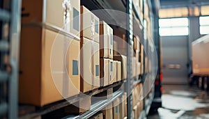 Cardboard boxes stacked on a pallet in a warehouse, ready for shipping.