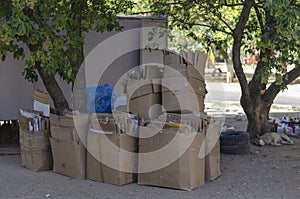 Cardboard boxes are stacked at the waste paper reception point